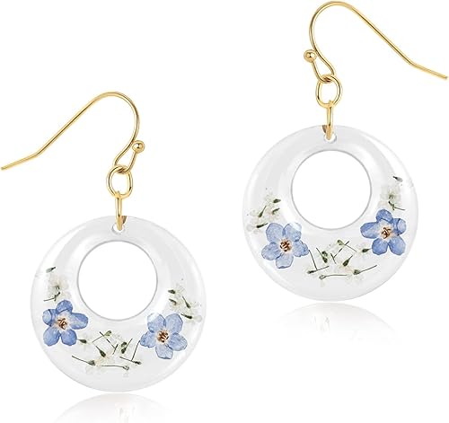 Vista 29 de Pressed Flower Earrings,Handmade Forget-Me-Not and Queen Anne's Lace Wildflower Earrings,Unique Resin Dried Flower,Perfect for Parties