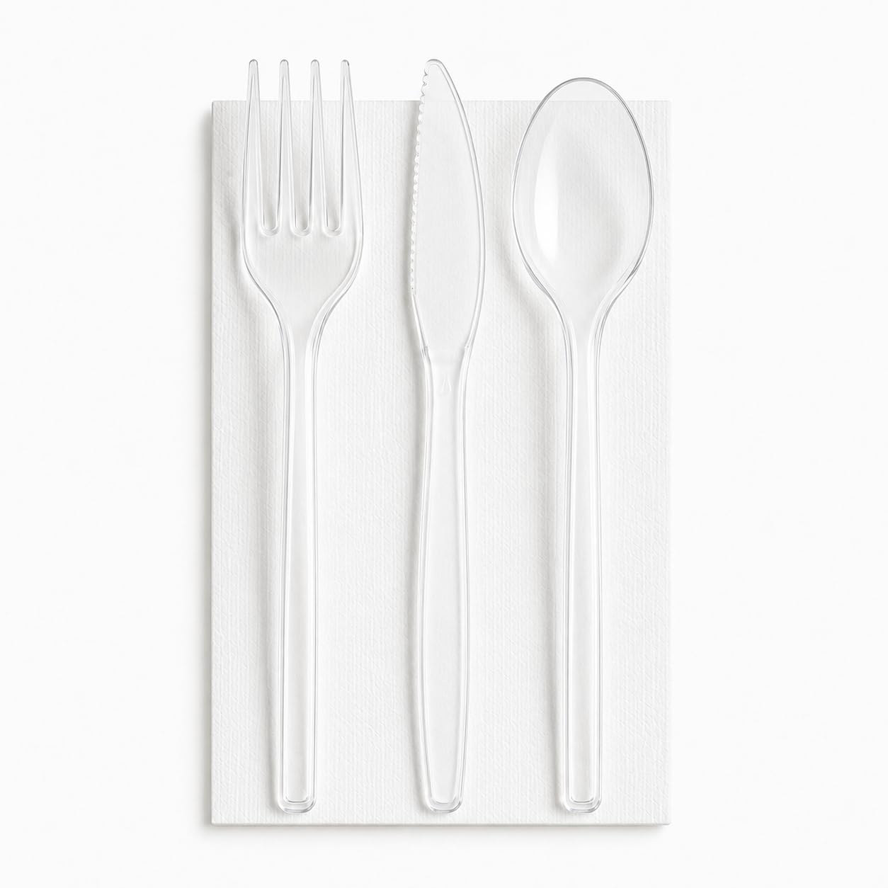 Kit Tris Posate Trasparenti Riutilizzabili con Tovagliolo, Forchetta, Coltello e Cucchiaio con Tovagliolo Monouso, Set Posate per Catering, Eventi, Ristoranti, Feste e Asporto 500 pz