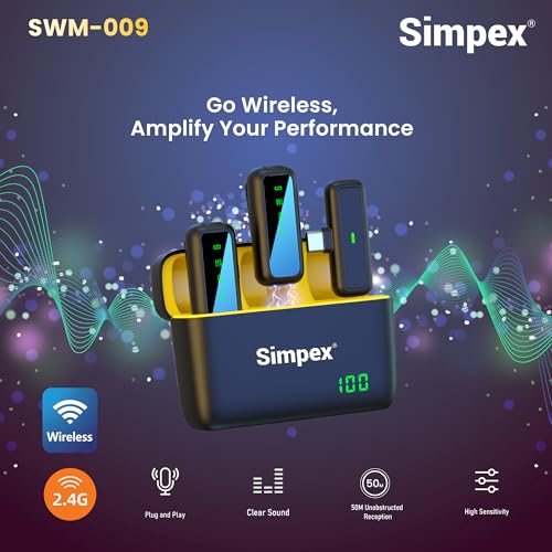 Image of Simpex (SWM-009 2 in 1 Wireless Microphone System with Active Noise Cancellation, 50m Wireless Range, Upto 8 hrs of Working time, Plug and Play, Compatible with All the Smartphones.