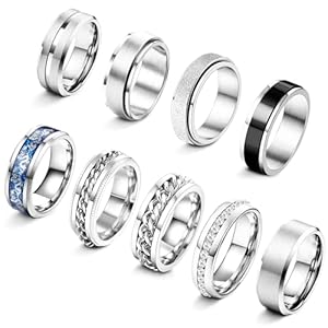 ADRAMATA 9 Stuks Heren Ringen Roestvrij Staal Ringen voor Mannen Vrouwen Vintage Duim Ringen Ringen Trouwringen Belofte Verloving Ringen Fidget Ringen Zwart Zilver Ringen Set Heren Ringen Sieraden