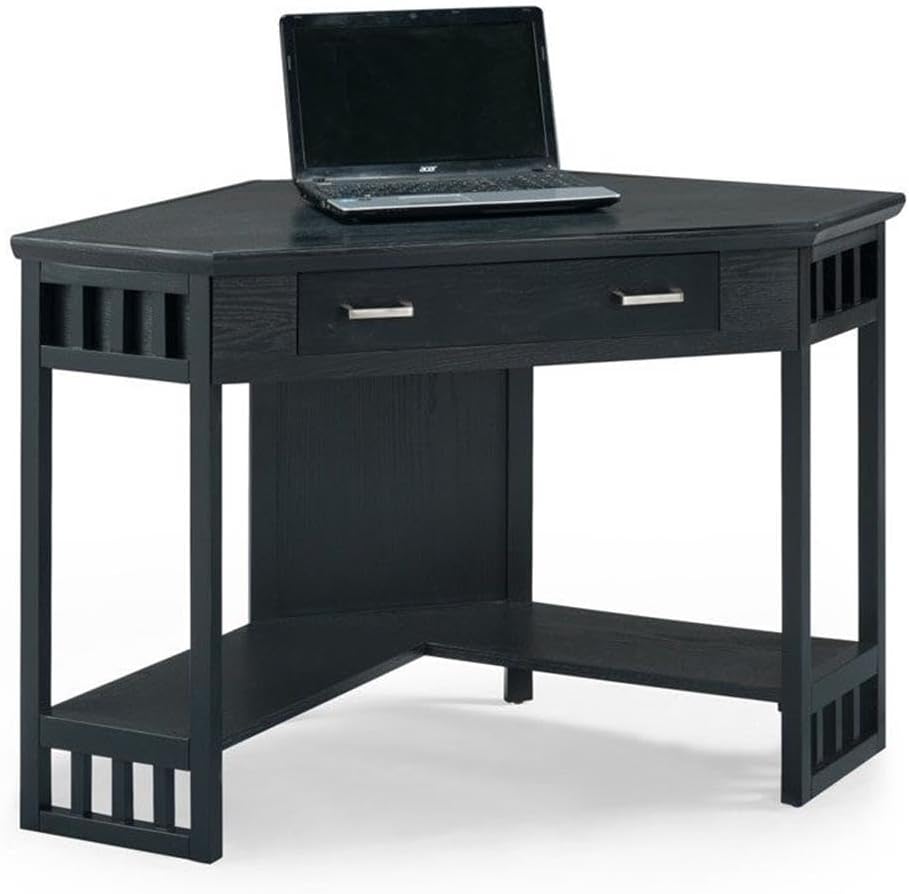 BOWERY HILL Solid Wood Corner Computer Desk, Black Finish, 30.25" H x 30.25" W x 48" D, Space-Saving Design, Pull-Out Drawer, Lower Shelf, Cord Management, Home Office Desk for Laptops or Desktop Use