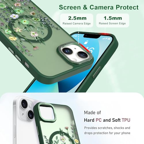Image of Magnetic for iPhone 13 Case with for Women Girls, Green Flower | Pretty Floral Pattern Design [Compatible with MagSafe] Shockproof Slim Translucent Matte Non-Slip Protective Cover