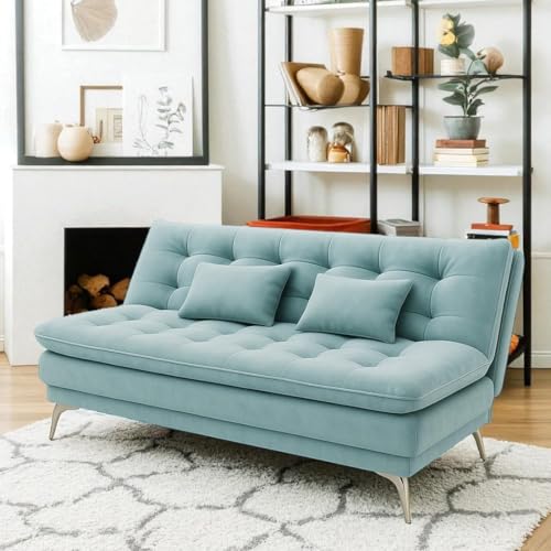 Image of FURNY Eagel 3 Seater Fabric Sofa Cum Bed with 2 Cushions (Sky Blue) with Velvet Fabric | Durable with Comfort | Perfect for Living Room, Bedrooms, Offices