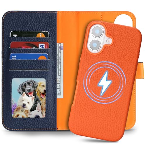 Image of Detachable Genuine Leather Case for iPhone 16 Wallet Case Magnetic 2in1 Removable Flip Cover Book Purse Compatible with Magsafe Charging Kickstand Card Holder-Navy Blue+Orange