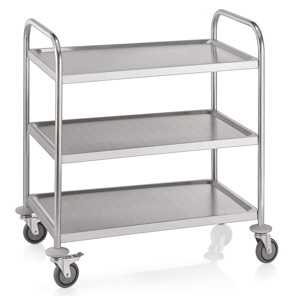 WAS 1950 003 - Carrello da servizio in acciaio INOX, 4 ruote orientabili con paracolpi, 3 bordi, distanza 25,5 cm, lunghezza 85 cm, larghezza 54 cm, altezza 94 cm