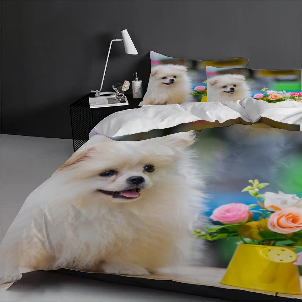 Copripiumino Matrimoniale 260x240 Cm Con Cagnolini Pomerania - Set 3 Pezzi In Microfibra 3D