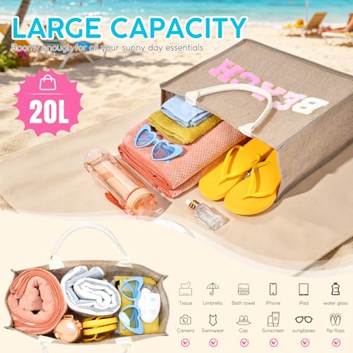Bolso playero grande para mujer de paja tejida con parches de chenilla miniatura 5