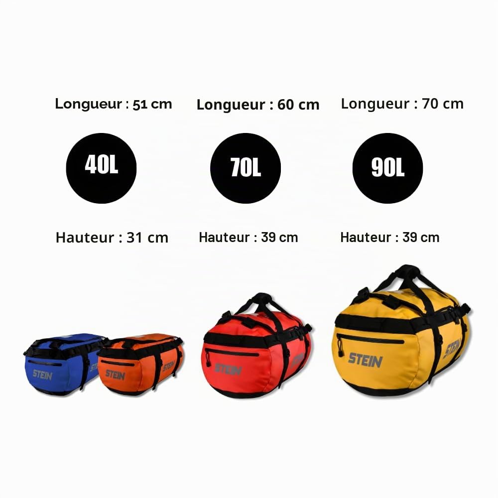 STEIN 40L, 70L, 90L Sac fourre-tout résistant à l'eau et sac à dos, en PVC durable pour l'extérieur, le camping, le sport, les sports nautiques, bleu, 40 l, Sac de sport