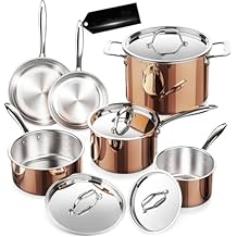 Copper Pots and Pans Set with Stainless Steel Lid Induction Cookware Set Include Stock Pot Saucepan Frying Pan,Copper SS 10 PC,One