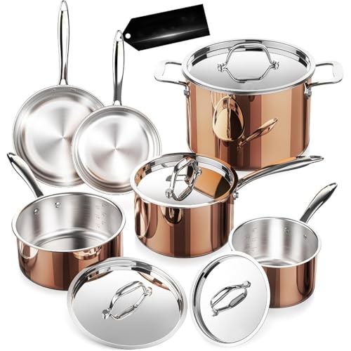 HJZSZX Copper Pots and Pans Set with Stainless Steel Lid Induction Cookware Set Include Stock Pot Saucepan Frying Pan,Copper SS 10 PC,One