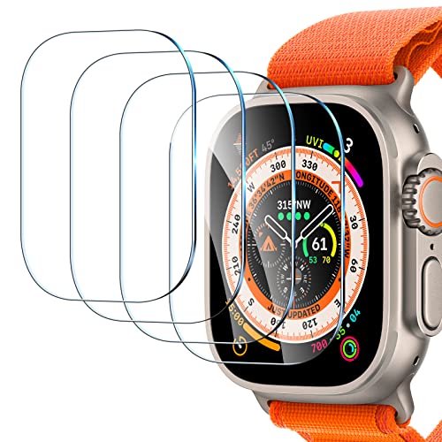 YMHML [4 Pack] Compatible for Apple Watch Ultra Screen Protector 49mm Tempered Glass, Waterproof Screen Protector for Apple Watch Ultra Accessories, HD Clear 9H Hardness No-Bubble Anti- Scratch Film