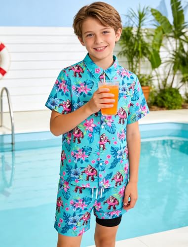 Image of UNICOMIDEA Boys Hawaiian Outfits Tropical Print Button Down Shirt + Swim Trunks 2 Piece Sets for 5-12T Kids