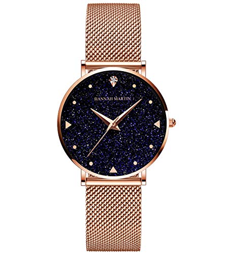 HANNAH MARTIN Starlight Très Mince Montre pour Femme Quartz Étanche Acier Inoxydable (Surface Noir, Ceinture Doré Rose)