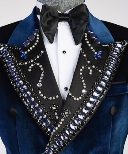 Luxury Men's Velvet Tuxedo Royal Blazer with Rhinestones Slim Formal Double Breasted Jackets for Wedding,Party,Prom4