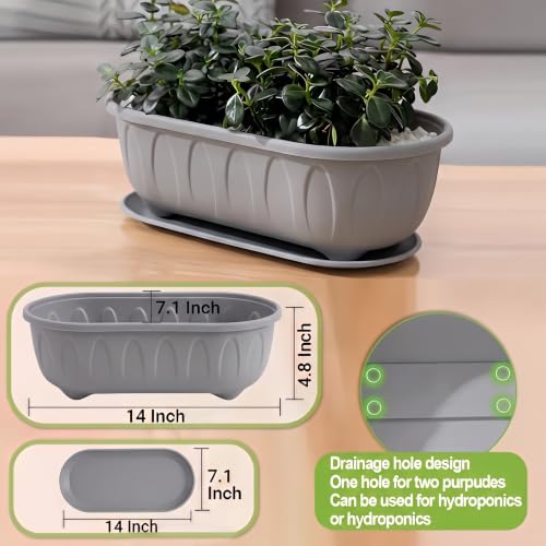 Image of Plastic Rectangle Round Corner Flower Pots with Drainage Hole Saucers Durable Outdoor Indoor Planters with Tray Plant Containers for Balcony, Garden, Home & Office (Grey, 5)
