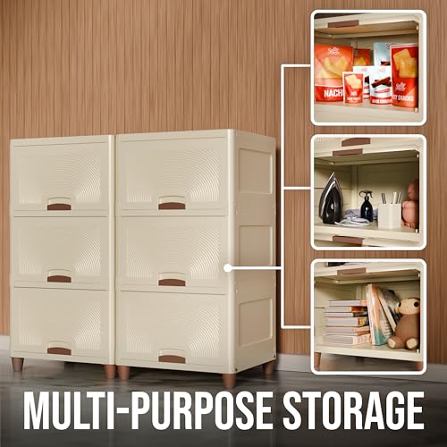 Image of Amazon Basics Multi-Purpose Large Organizer | Modular Storage Box for Clothes, Kitchen, Bedroom & Living Room | Stackable Rack, Space-Saving Wardrobe Cabinet (Off White), 6 Piece, 37.5LX44.7WX27H cm