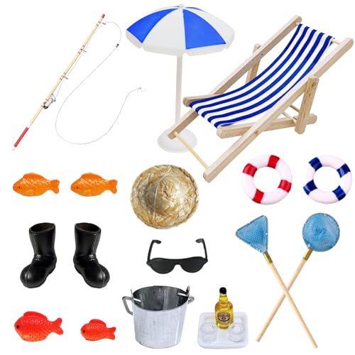 Xerteam 21 Stück Wichtel Angelrute Set, Miniatur Zubehör Puppenhaus Deko, Sommer Strand Mini Liegestuhl Deko mit Schwimmringe, Sonnenschirme, Fischernetze, Miniaturen 1:12 Puppenhäuser Geschenk Xerteam 21 Stück Wichtel Angelrute Set, Miniatur Zubehör Puppenhaus Deko, Sommer Strand Mini Liegestuhl Deko mit Schwimmringe, Sonnenschirme, Fischernetze, Miniaturen 1:12 Puppenhäuser Geschenk
