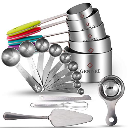 GENWEI 18 Piece Measuring Cups and Spoons Set in 188 Stainless Steel - Non-Toxic Non-Rust  Polished  Cooking and Baking Tools Set 5 Cups  10 Spoons 1 Whisk  1 Egg Separators  1 Cake spatula