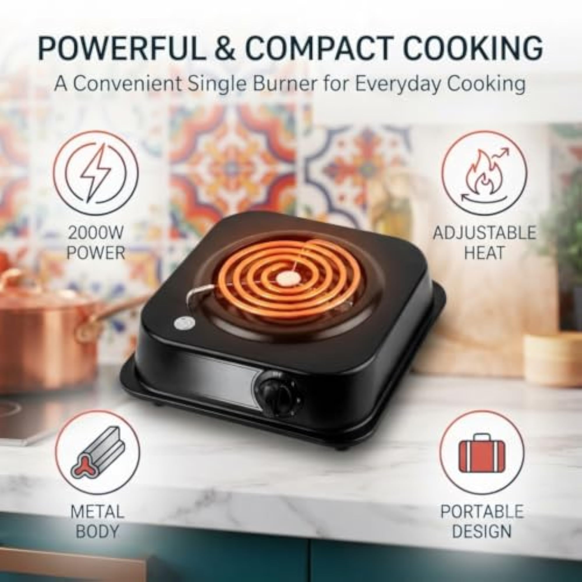 2000W Electric Hot Plate, Single Burner Coil Stove