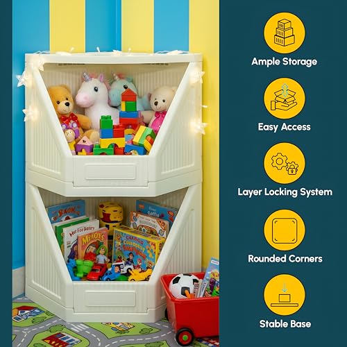 Image of HOMIFLY 2 Tier Corner Storage Cabinet /Stackable Plastic Cupboard for Storage /Foldable Wardrobe for Clothes /Toys Storage Organizer /Cabinet for Kitchen, Bathroom, Living Room (White)