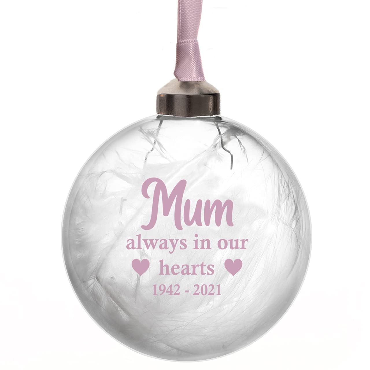 Always In Our Hearts Personalised Christmas Tree Memorial Decoration 8cm Glass Remembrance Bauble remember Any Name Mum Dad Nana Grandma Grandad Husband Wife In 11 Colours (Pink)