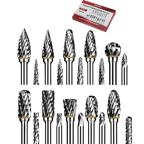 Image of HIDOTOL Carbide Burr Set 20PC 1 /8 inch Shank - 3mm Tungsten Double Cut Carbide Rotary Burr Set for Metal and Wood Carving, Grinding, Polishing, Engraving, Drilling.