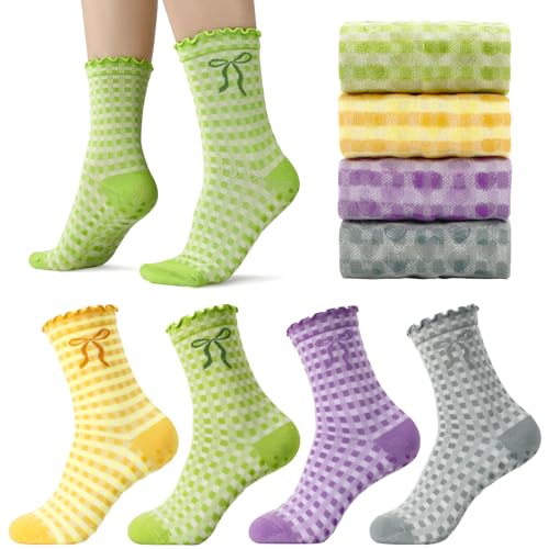 Image of 4 Pairs Women Cute Pilates Socks Non Slip Ruffle Yoga Socks for Women Dance Gym Exercise Embroidery Pattern