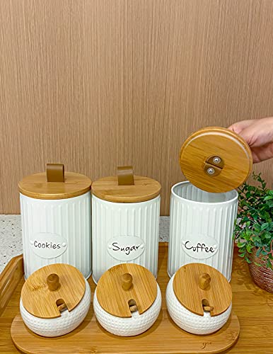 Kit c/ 3 Latas Porta Mantimentos COFFE, SUGAR E COOKIES Herméticas Tampa de Bambu - Yoi