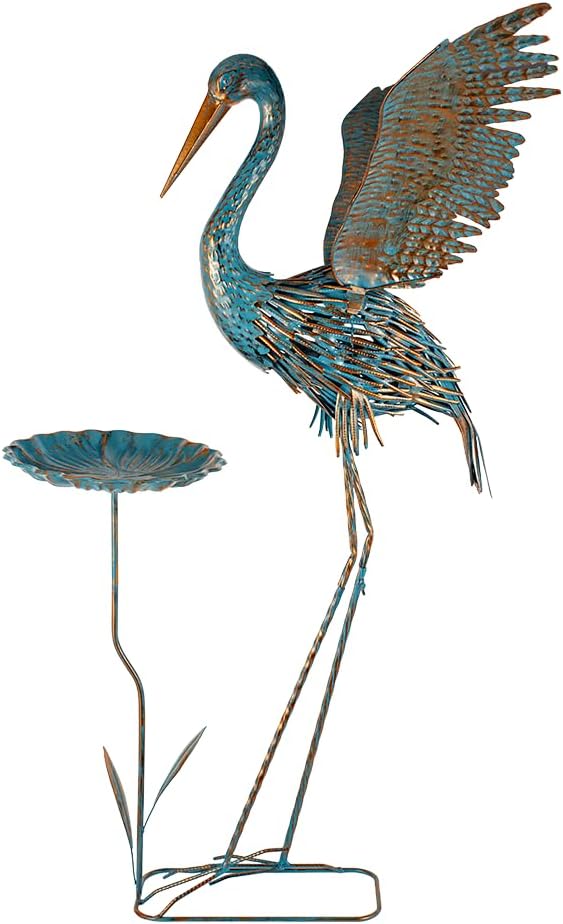 Heron Outdoor Statues with Leaf Tray, Large Crane Garden Statue for Outside, Elegant Metal Crane Yard Art Garden Decor for Garden Yard, Porch