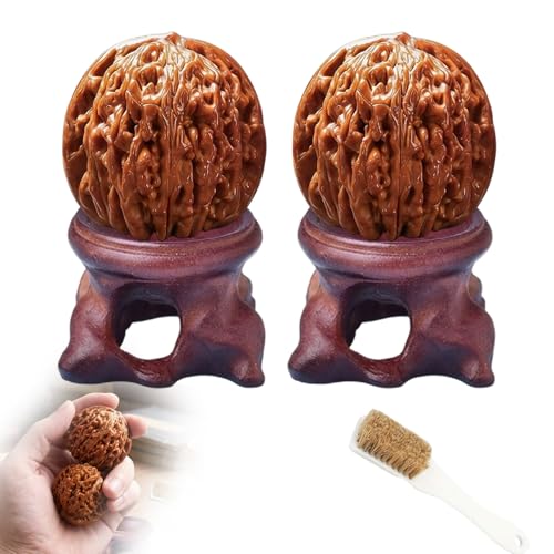 Wenwan Walnuts Set Two Wen wan Walnut with Display Stands and Cleaning Brush Traditional Hand Exercise Walnuts for Stress Relief and Finger Flexibility Wen Wan Walnut Collection