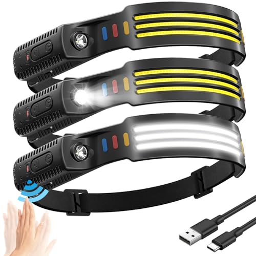 (3-Pack) Headlamp Rechargeable, 230° COB Wide Beam Head Lamp Headband with Motion Sensor, 5 Modes Headlight Led Head Band, Head Lights for Forehead, Waterproof Headlamps for Adults Running Hard Hat (3-Pack) Headlamp Rechargeable, 230° COB Wide Beam Head Lamp Headband with Motion Sensor, 5 Modes Headlight Led Head Band, Head Lights for Forehead, Waterproof Headlamps for Adults Running Hard Hat