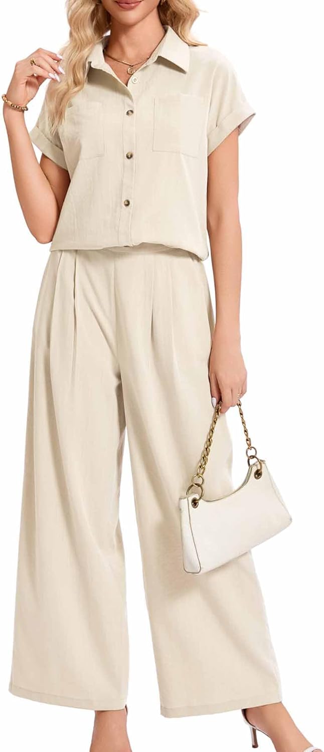 MANAIXUAN Women's Fashionable Summer And Autumn Solid Color Short Sleeved Button Up Collar Top And Pants Casual Two-Piece Set