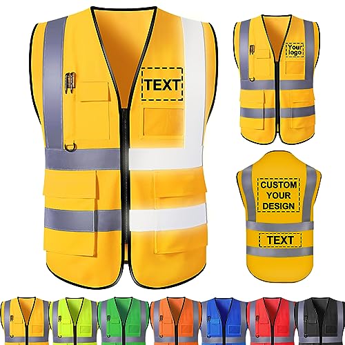 Custom Safety Vest Personalized Reflective Vest with Logo Pockets Customized High Visibility Vest, Men Women Construction Worker Outdoor Protective Workwear