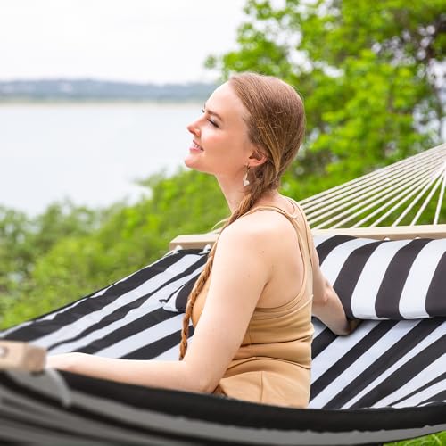 Image of SUNCREAT Double Quilted Hammock with Hardwood Spreader Bar, Extra Large Soft Pillow, Heavy Duty 2 Person Hammock for Indoor, Outdoor, Black Stripes