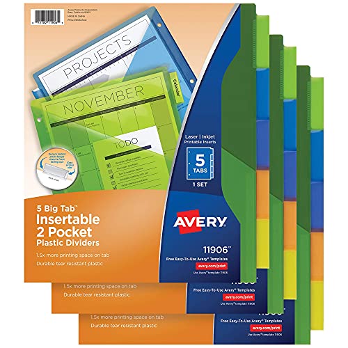 Avery 5-Tab Plastic Binder Dividers with Pockets, Insertable Multicolor Big Tabs, 3 Sets (11906)