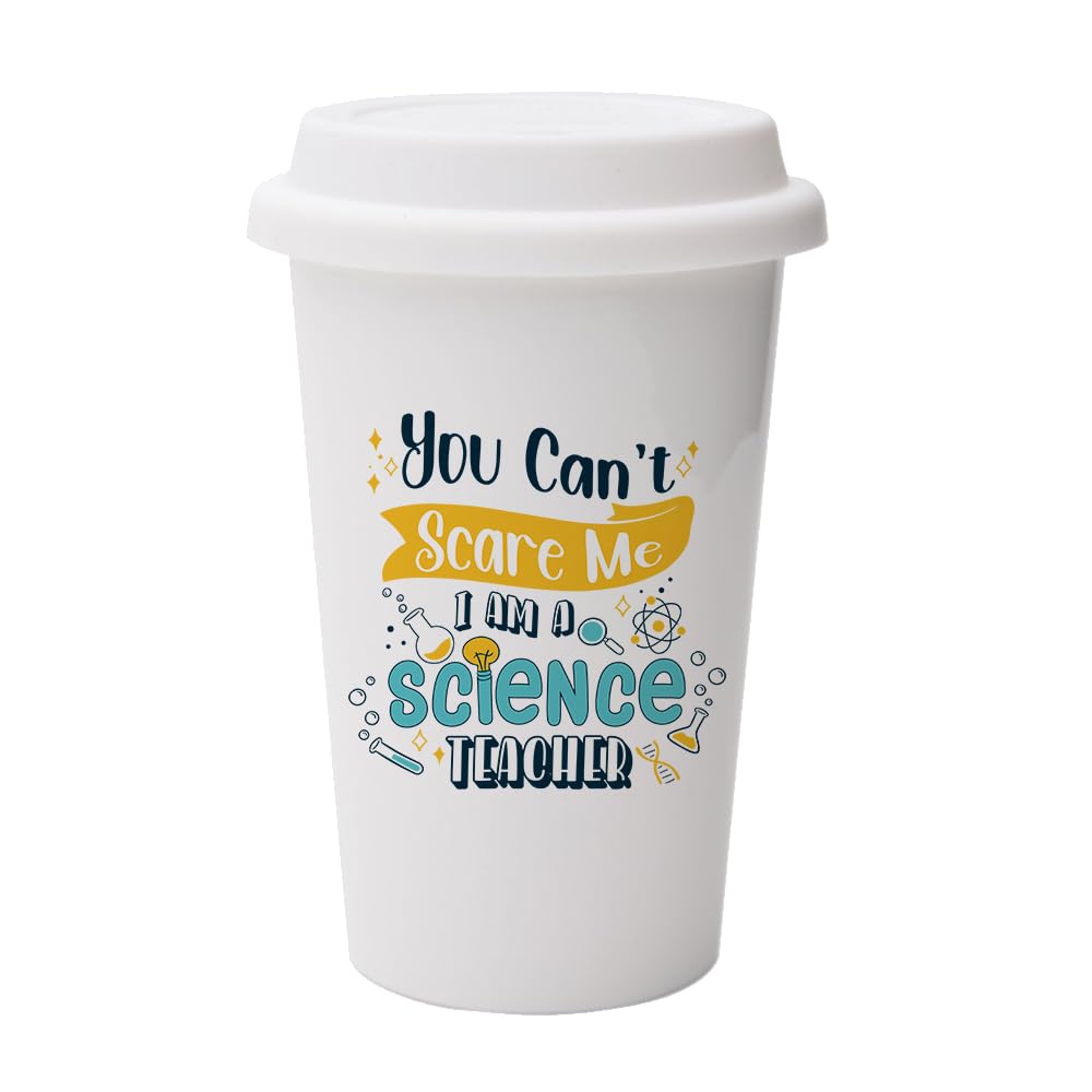 Getagift You Can't Scare Me I Am a Science Teacher, Wall Eco Insulated White Ceramic Travel Mug, with White Lid.
