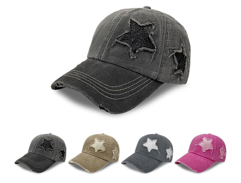 Image of Washed Scratch Frayed Baseball Cap Retro Adjustable with Five-Pointed Stars for Men Women Trucker Cap Unisex
