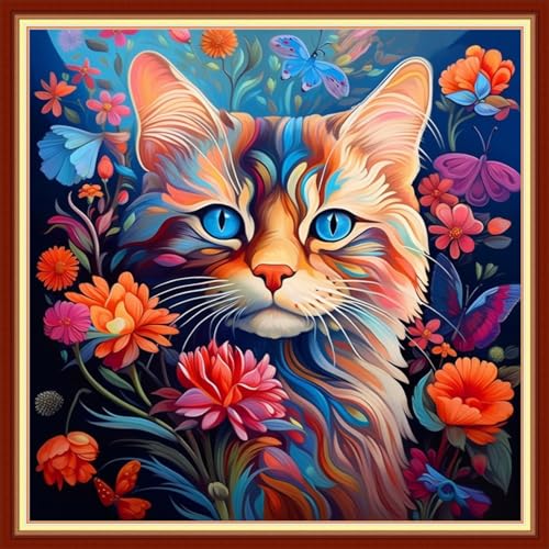 Image of Joyhoor Cross Stitch Kits for Beginners Stamped Cross-Stitch Supplies Needlework preprint Embroidery Kits for Adults DIY Needlepoint Kits Embroidery Patterns 11CT-Cat Flowers 18x18 inchs