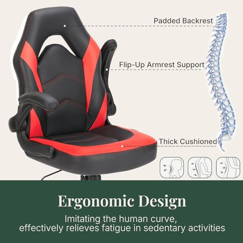 Image of Ergonomic Computer Gaming Chair with Flip-up Armrest, Height Adjustable PU Leather Home Office Desk Chair with Lumbar Support Swivel Wheels and for Adults and Kids, Scarlet Red