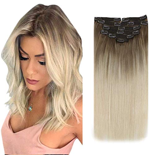 Sunny Ombre Clip Hair Extensions Human Hair 24 inch Clip in Balayage Hair Extensions Remy Ombre Clip in Extensions Light Brown and Platinum Blonde 7pcs 120g