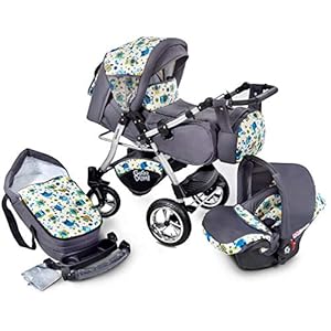 GaGaDumi Urbano 3 in 1 Kombikinderwagen Kinderwagen mit Autositz Komplettset incl Babyschale Buggy Wickeltasche Regenschutz Moskitonetz Voll-Gummireifen Grau/Eulenmuster