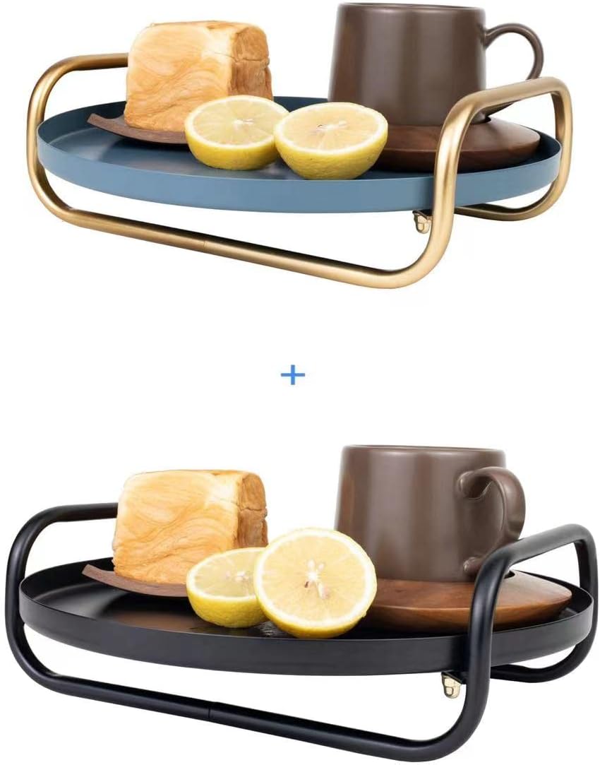 Set of 2, Metal Decorative Serving Tray Blue Gold and Black : Home & Kitchen