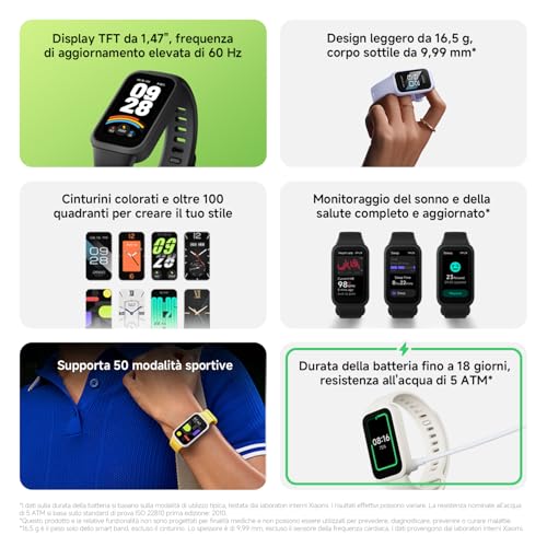 XIAOMI Smart Band 9 Active, smart watch, Schermo TFT 37mm, Monitoraggio Salute: SpO2, Frequenza Cardiaca, Sonno e Stress, 50 modalità sportive, Resistenza Acqua 5 ATM, Durata Batteria 18 giorni, Viola - Immagine 1