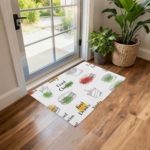 QUGRL Fast Food Burgers Fries Non-Slip Area Rug 60x90 cm Drinks Fried Chicken Tasty Soft Carpet for Living Room Kitchen Mat with Rubber Backing Washable Durable Hallway Runner for Bedroom Office
