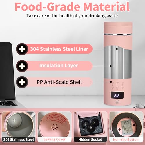 Image of Pink Travel Electric Kettle with LCD Display, 6 Temperature Settings, 450ml / 15.2oz, 304 Stainless Steel, Auto Shut-Off and Dry Boil Protection, Compact and Portable Electric Kettle