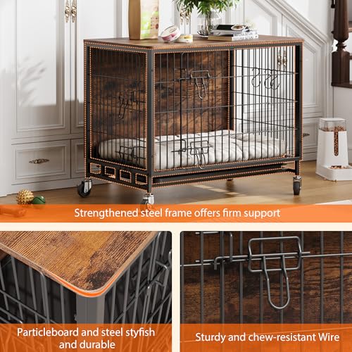 Dog Crate Furniture, 27.2" Wooden Dog Kennel with Wheels & Double Doors, Dog Cage End Table Upgraded, Indoor Dog Crate House for Small Medium Dogs, Rustic Brown - Image 3