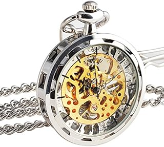 SIBOSUN Pocket Watch - Open Face Silver Vintage Steampunk Skeleton See Through Mechanical Chain