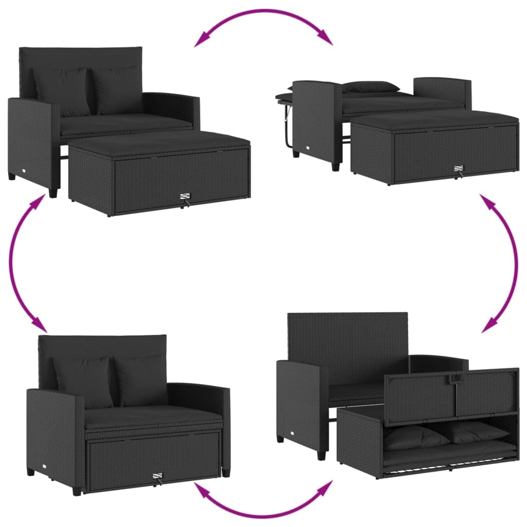 vidaXL Gartensofa mit Kissen 2-Sitzer, Outdoor Sofa mit Hocker mit Staufach, Couch mit abnehmbarm Bezug, Gartebmöbel Gartengarnitur, Schwarz Poly Rattan