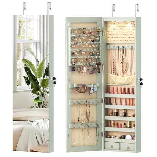 COSTWAY Armoire à Bijoux Mural avec Miroir et Lumière LED Armoire de Rangement Accrochée à La Porte 120 x 36 x 10 cm (Vert Clair)