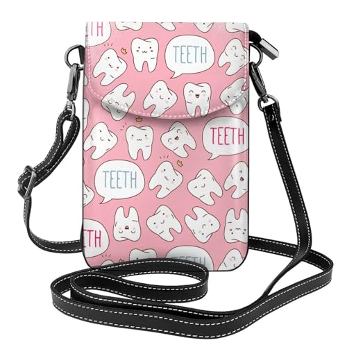 Pochette téléphone femme motif dents kawaii petit sac bandoulière en cuir